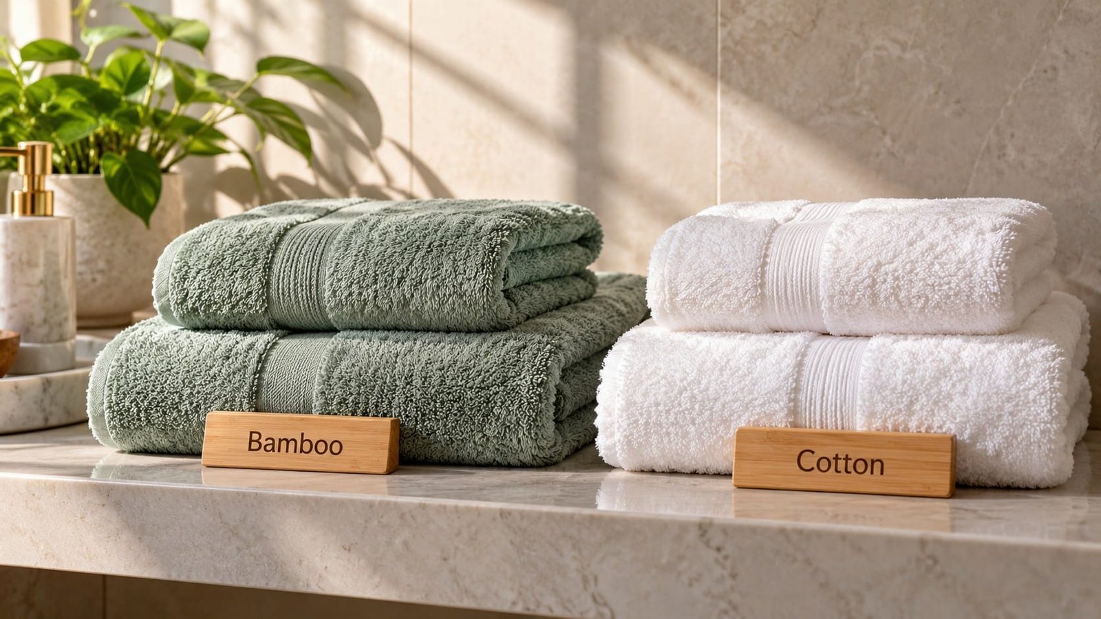 Folded bamboo and cotton towels compared side by side